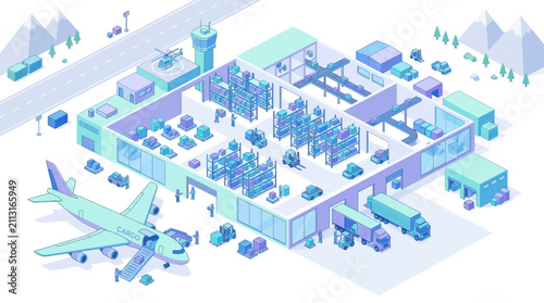 Modern airport cargo handling facility with planes, storage areas, and logistics infrastructure illustrating global freight