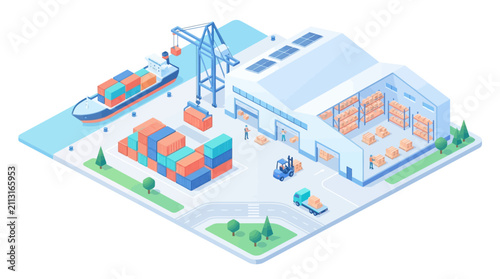 Modern automated warehouse with shipping containers and lifting cranes emphasizing logistics and supply chain efficiency