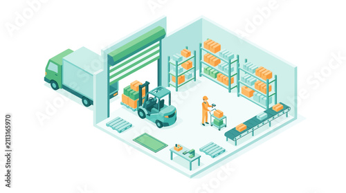 isometric warehouse interior illustrating storage and logistics operations with forklift handling palettes and organized