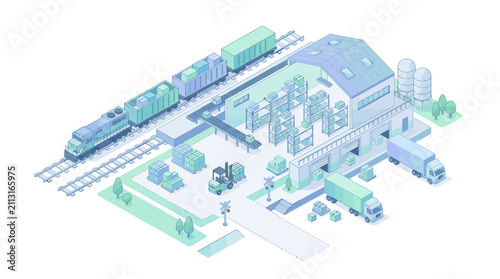 Modern industrial warehouse complex with logistics equipment including trucks and rail vehicles for efficient cargo handling and