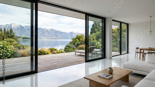 Modern living room with panoramic mountain and lake view, sliding glass doors open to deck