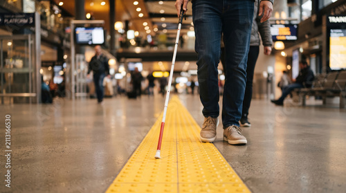 Visually Impaired Man Walking with White Cane on Yellow Tactile Paving in Train Station