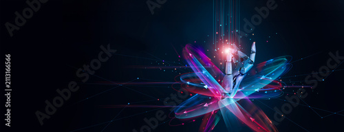 Hand of robot on data network with colorful digital arrows swirling around a hand robot evolution of data and technology growth, Science and AI, artificial intelligence technology futuristic.
