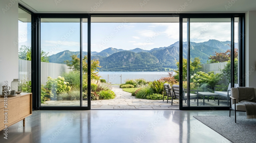 Fototapeta premium Modern living room with panoramic view of lake and mountains through sliding glass doors