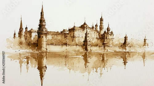Illustration of a historic castle or palace with towers and spires reflecting in water