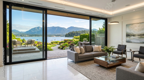 Modern living room with panoramic ocean and mountain view