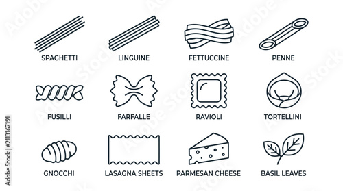 Bild auf Leinwand Collection of Italian pasta and cheese line art icons.