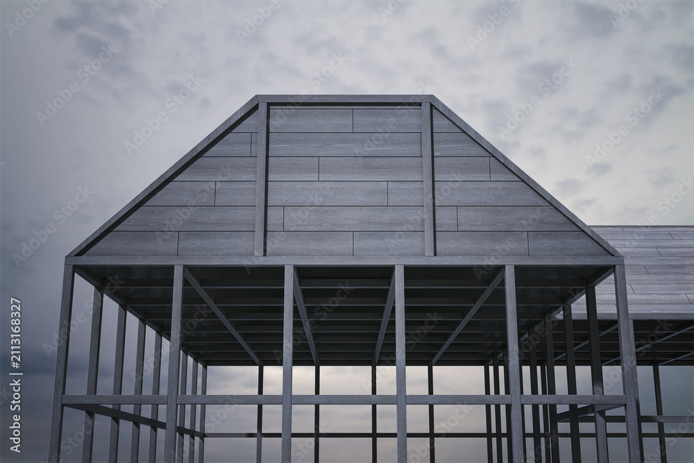 Obraz premium Modern dark gray steel building frame with gabled roof and open structural beams beneath a cloudy light abstract background. 3D Rendering