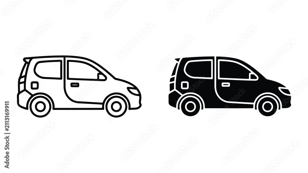 Fototapeta premium Side View Car Icons Featuring Outline and Solid Silhouette Styles for Transportation Design Projects