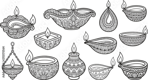 Bild auf Leinwand Traditional Indian diya oil lamps set with ethnic decorative patterns