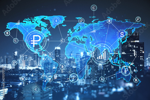 Global financial network with illuminated world map, currency symbols, market...