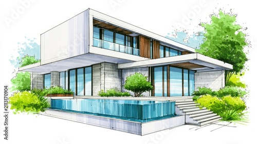 Modern two-story house with pool, greenery, and large glass windows