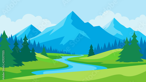 Cuadro en lienzo Untouched Alpine Meadow with Crystal Creek Flat Vector Landscape
