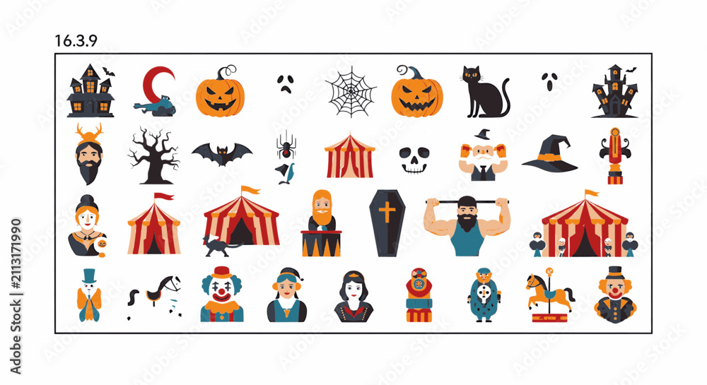 Fototapeta premium Spooky Halloween Circus and Freak Show Flat Vector Icon Collection