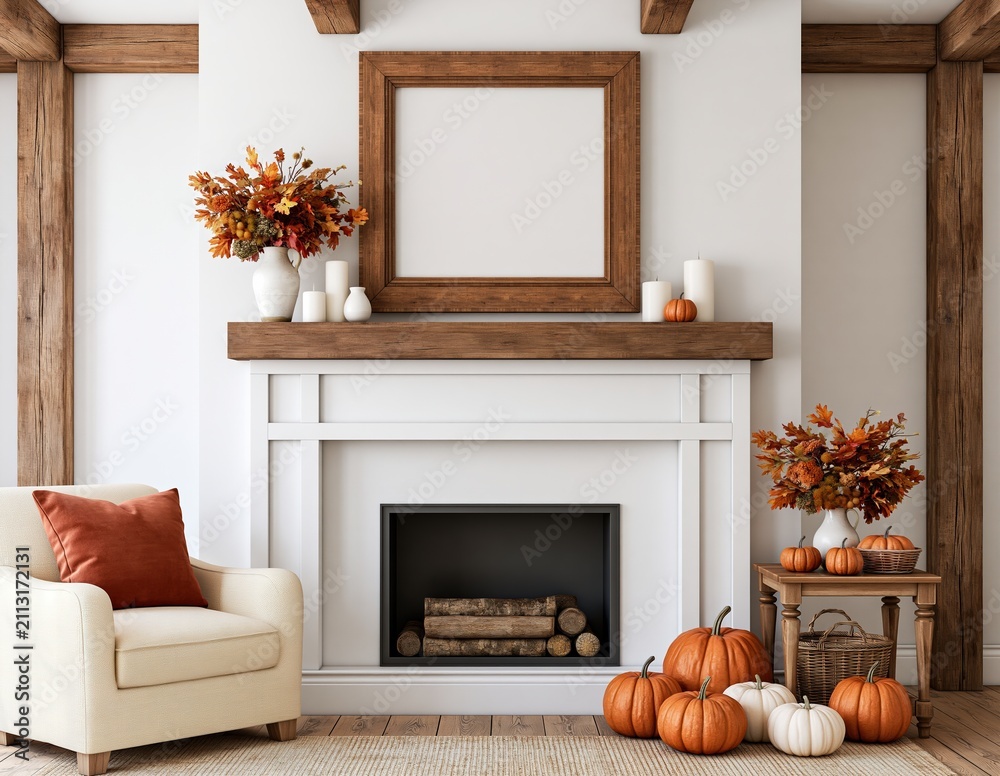 Obraz premium Autumn home interior with cozy fireplace mantle decor featuring fall pumpkins