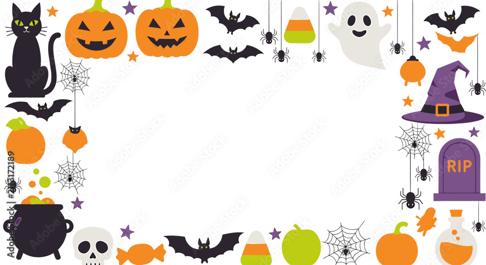 Fototapeta premium Halloween Border Frame with Spooky Icons and Characters