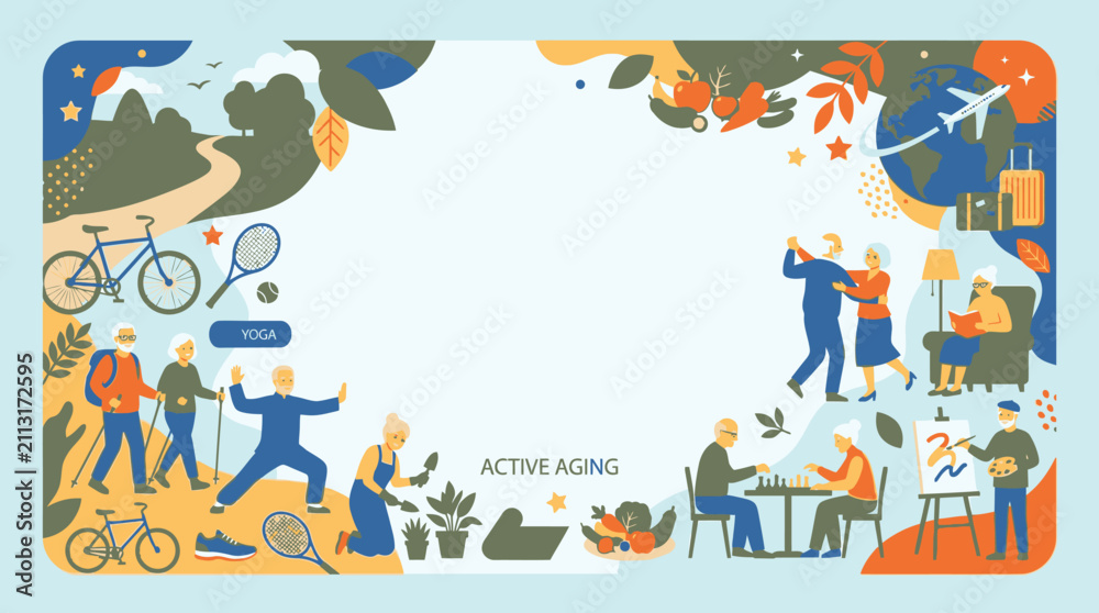 Naklejka premium Active seniors lifestyle and retirement activities flat frame.