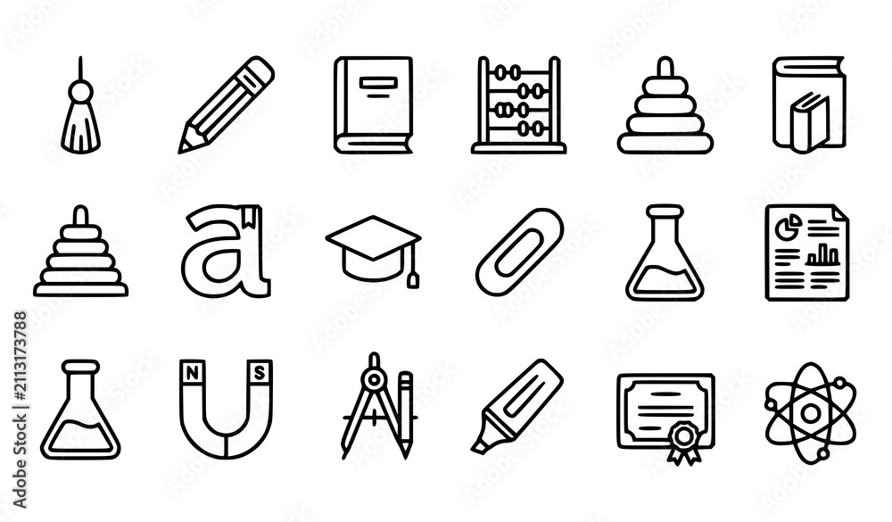 Fototapeta premium Thin Line Education and Science Vector Icon Set with Graduation Cap Book Pencil Laboratory and Learning Symbols