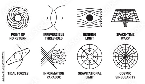 Collection of science icons illustrating abstract concepts of space and physics.