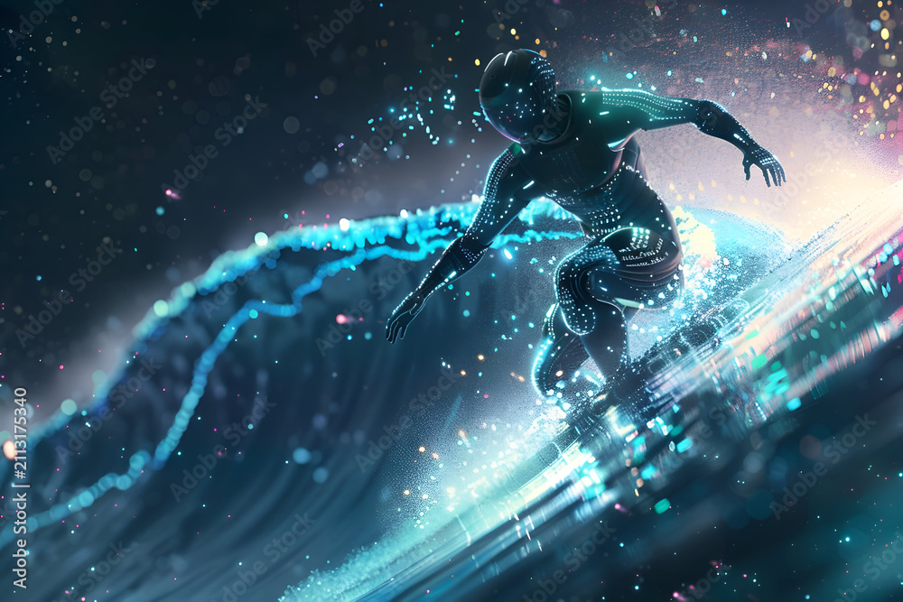 Fototapeta premium Futuristic cyber surfer riding neon waves