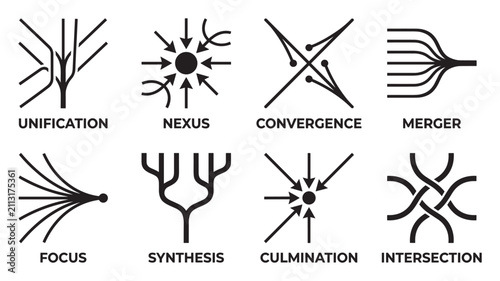 Eight abstract icons for unification nexus convergence merger focus synthesis culmination intersection.