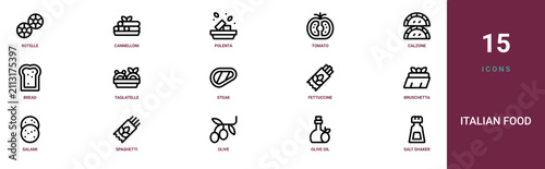 Foto Set of 15 outline web Italian Food icons such as salt shaker, olive oil, olive,