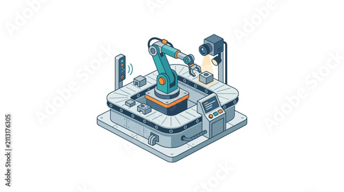 Isometric view of an industrial robotic arm assembly line with machine vision.