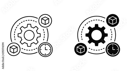 Optimizing production workflow with gear and cube icons in a minimalist linear and solid style
