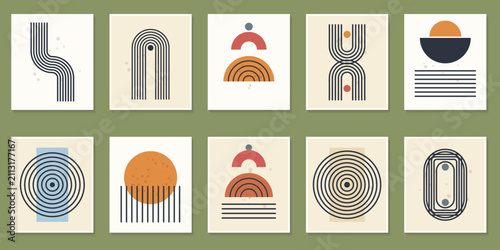 Canvastavla Set of ten modern abstract geometric line art posters with earthy tones and mini