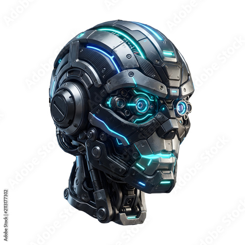 Futuristic cyborg head with glowing blue neon lights isolated on transparent background