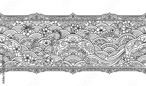 Elegant Japanese Ocean Wave Border Seamless Black Outline Pattern Vector Illustration