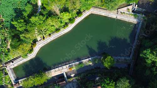 Aerial view of a rainwater retention basin in morning retention basin Mranggen or embung Mranggen