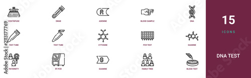 Fotografija Set of 15 outline web Dna Test icons such as blood test, family tree, guanine, r
