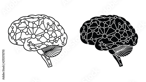 Side View Brain Illustration Line Art and Black Filled Vector Outline Comparison