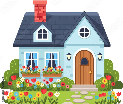 A charming light blue cottage featuring a dark roof and a vibrant garden filled with colorful flowers