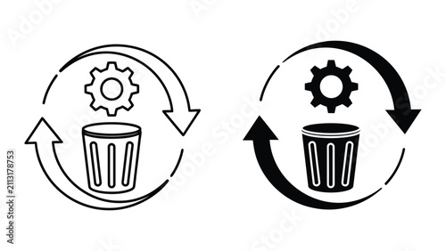 Recycle Bin Icon Set Featuring Gear Cog Symbol for System Maintenance and Data Management Vector