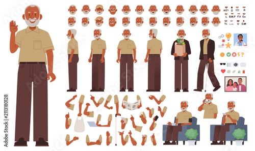 Senior man character creator kit with emotions, gestures, body parts, poses and accessories flat vector set