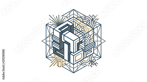 Canvastavla Isometric geometric wireframe cube with intricate patterns.