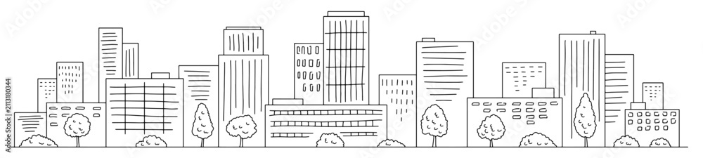 Naklejka premium City graphic black white cityscape skyline long sketch illustration vector 