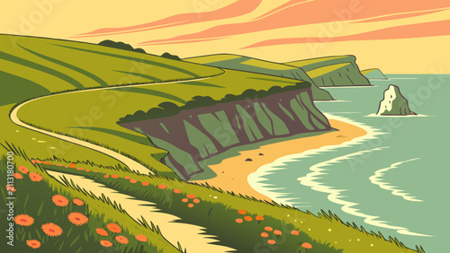 Bild auf Leinwand Curving Coastal Cliffs with Turquoise Ocean Gradient Vector Landscape