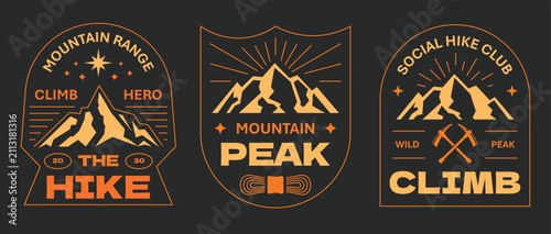 Mountain hiking climbing activities badges collection. Vintage mountain sports stickers and emblem design.