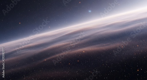 Cosmic Grandeur Glimmering Nebulae Swirls Ascend Above Starry Expanse Representing Infinite Wonder and Celestial Journeys Across the Universe's Vastness.