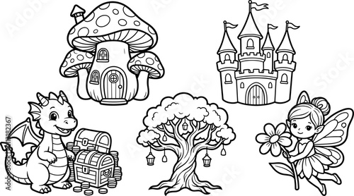 Foto Magical fantasy coloring page set featuring cute fairy dragon mushroom house cas