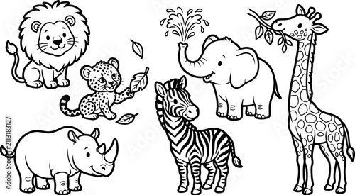 Canvas Print Safari animals coloring page set featuring cute lion elephant giraffe zebra rhin