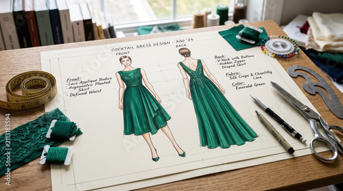 Fashion sketch design of cocktail dress with green fabric swatches and sewing tools on wooden table. Detailed sketch features elegant dress pattern and sewing instructions.
