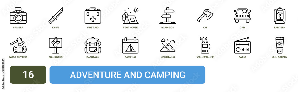 Fototapeta premium Set of 16 outline web Adventure and Camping icons such as sun screen, radio, walkietalkie, mountains, camping, backpack, signboard vector icons for report, presentation, diagram, web design, mobile