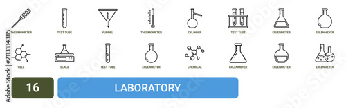 Foto Set of 16 outline web Laboratory icons such as erlenmeyer flask, erlenmeyer flas