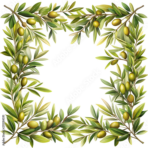 A decorative olive branch border with detailed green leaves and olives. A botanical illustration with an ornamental design.