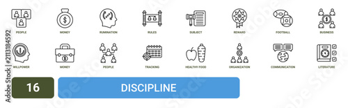 Фотография Set of 16 outline web Discipline icons such as literature, communication, organi