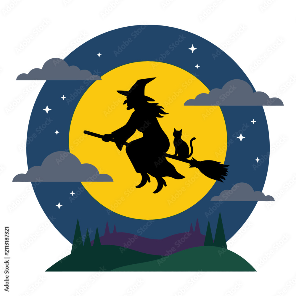 Fototapeta premium Witch and cat silhouette flying past full moon
